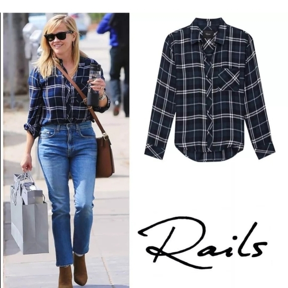 Rails Tops - Rails Hunter Plaid Flannel Button Down Shirt in Pacific Navy Blue Small Petite